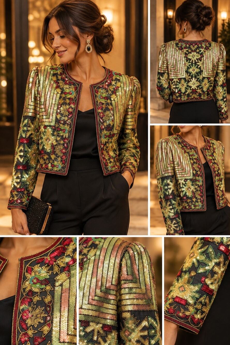 Vintage Adrianna Papell Women's Multicolor Silk Beaded Sequin Floral Bolero M
